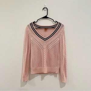 Tory Burch Crochet Knitted V Neckline Pullover Sweater Pink Navy Blue Stripe XS